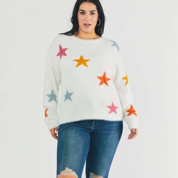DAVI & DANI Cozy White Fuzzy Knit Sweater with Colorful Star Print, Plus Size - Picture 8 of 8